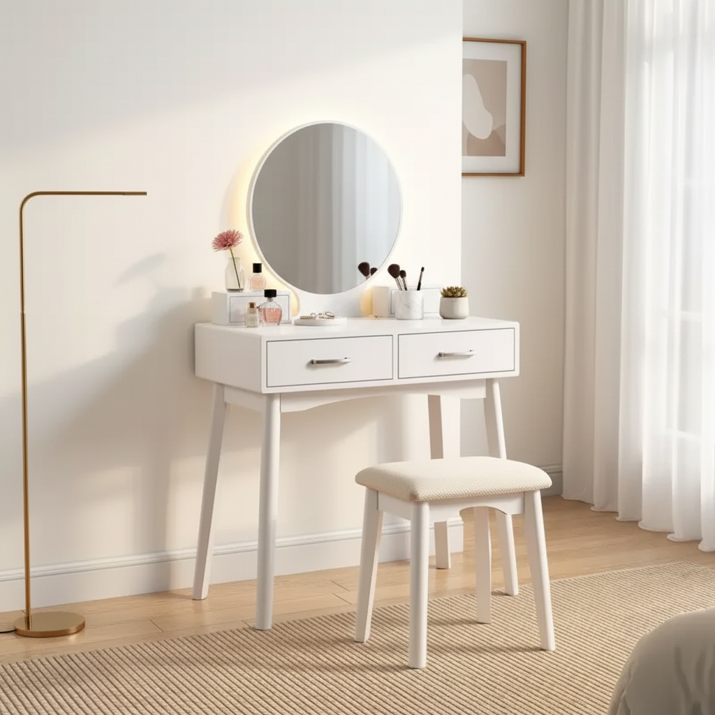 Meuble-lavabo et tabouret en bois contemporains blancs