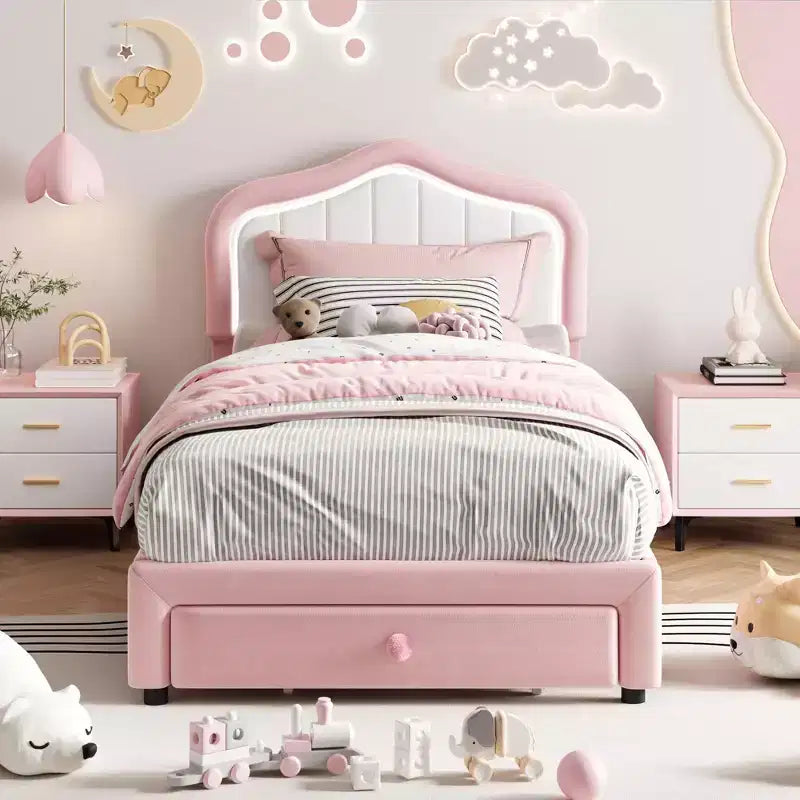 Coolmee Upholstered Bed Frame With Storage Drawer and Headboard Princess Platform Bed Frames for Kids Wooden Slats Support No Box Spring Needed