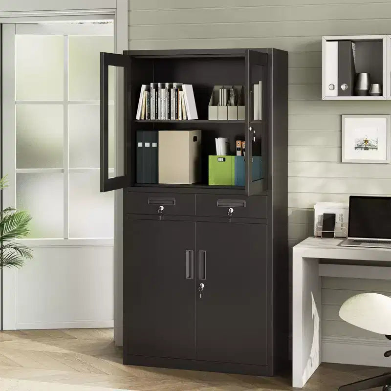 71 Metal Storage Cabinet with Glass Doors 2 Drawers & Adjustable Shelves Heavy Duty Locking Steel Organizer for Garage Office Workshop School