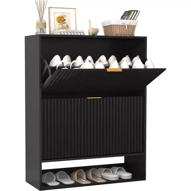 Modern Slim Shoe Storage Cabinet for Entryway 2 Turn Drawers Hidden Organizer Freestanding Hallway Shoe Rack 31.5'' Wide