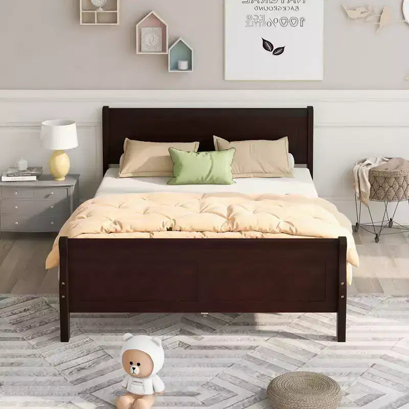 FAMYYT Queen Size Wood Platform Bed With Headboard Easy Assembly Espresso