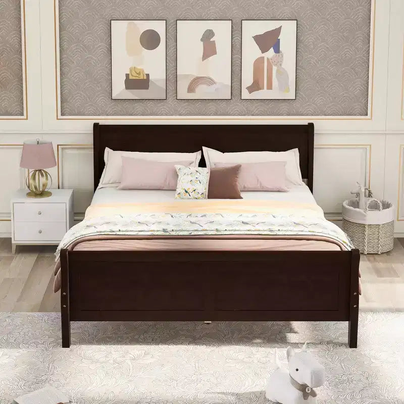 FAMYYT Full Size Wood Platform Bed With Headboard Easy Assembly Espresso