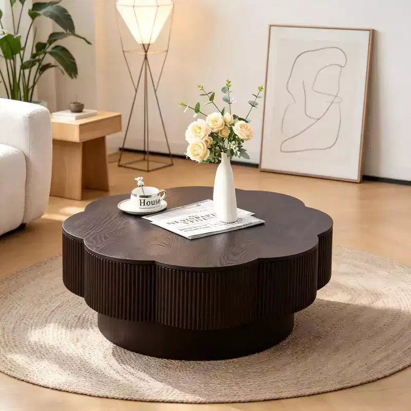 JVNOXK 31.50 Modern Petal-Shaped Coffee Table Plum Blossom Storage Coffee Table Natural Wood Finish Suitable for Living Rooms Offices Dark Brown