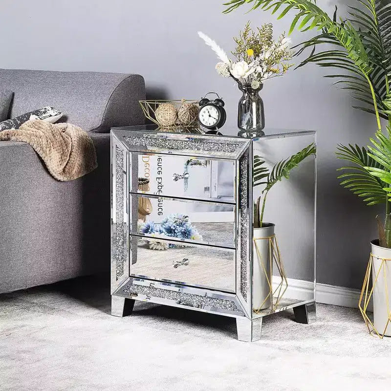 Karl Home Silver Mirrored MDF Nightstand 3 Drawers Crystal Trim 23x13.8x24.8 Inch