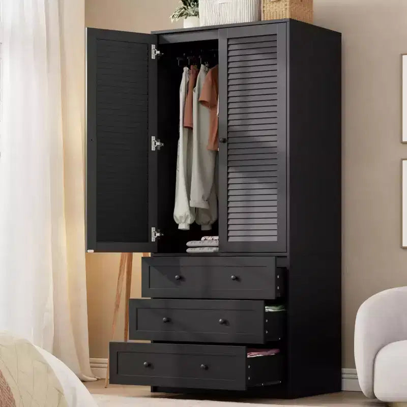 69.5 Wooden Armoire Wardrobe Closet with 3 Drawers Hanging Rod 2 Doors Clothing Storage Cabinet for Bedroom Large Capacity Storage Wardrobe