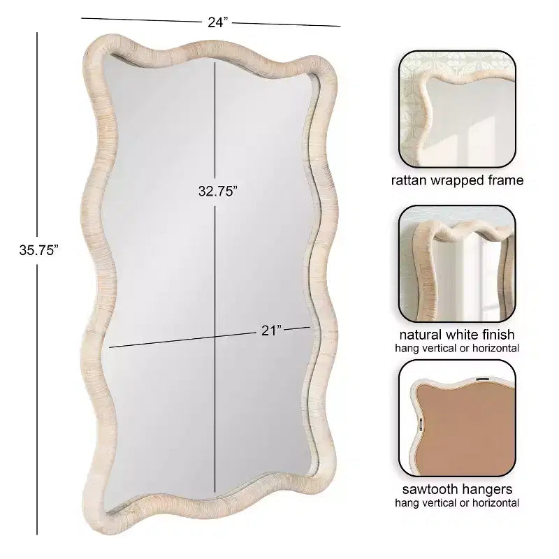 Miroir rectangulaire en rotin festonné blanc
