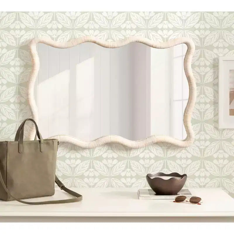 Miroir rectangulaire en rotin festonné blanc