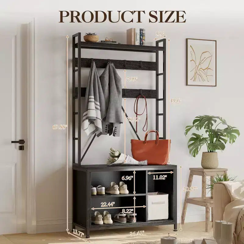 70 Shoe Rack with Coat Hanger Metal Frame Hall Tree with Bench and Shoe Storage Hooks & Open Shelf Standing Entryway Clothing Rack for Hallway