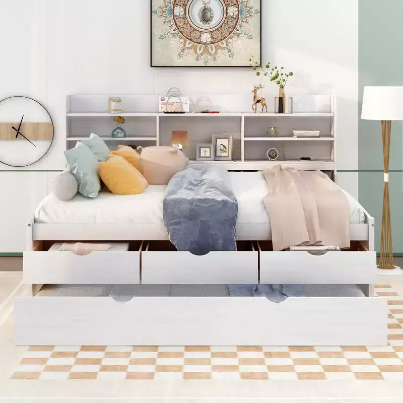 FAMYYT Full Size Wooden Captain Bed?With Built-in Bookshelves Three Storage Drawers and Trundle Easy Assembly