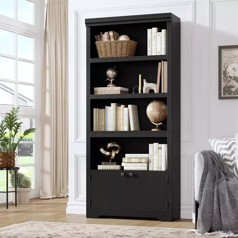 5-Tier Farmhouse Bookcase with 2 Storage Doors 69 Tall Open Bookshelf Display Rack with Adjustable Shelves for Living Room Study & Home Office