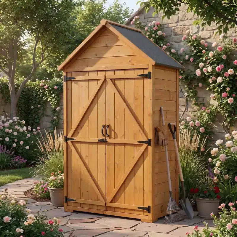 70 Wooden Garden Tool Shed with Shelves & Floor & Anti-Tipping Lockable Waterproof Outdoor Storage Cabinet for Patio Backyard Deck & Lawn