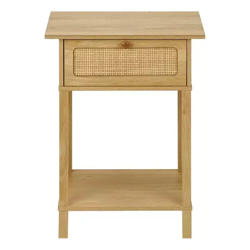 Table de chevet en bois de ferme et rotin