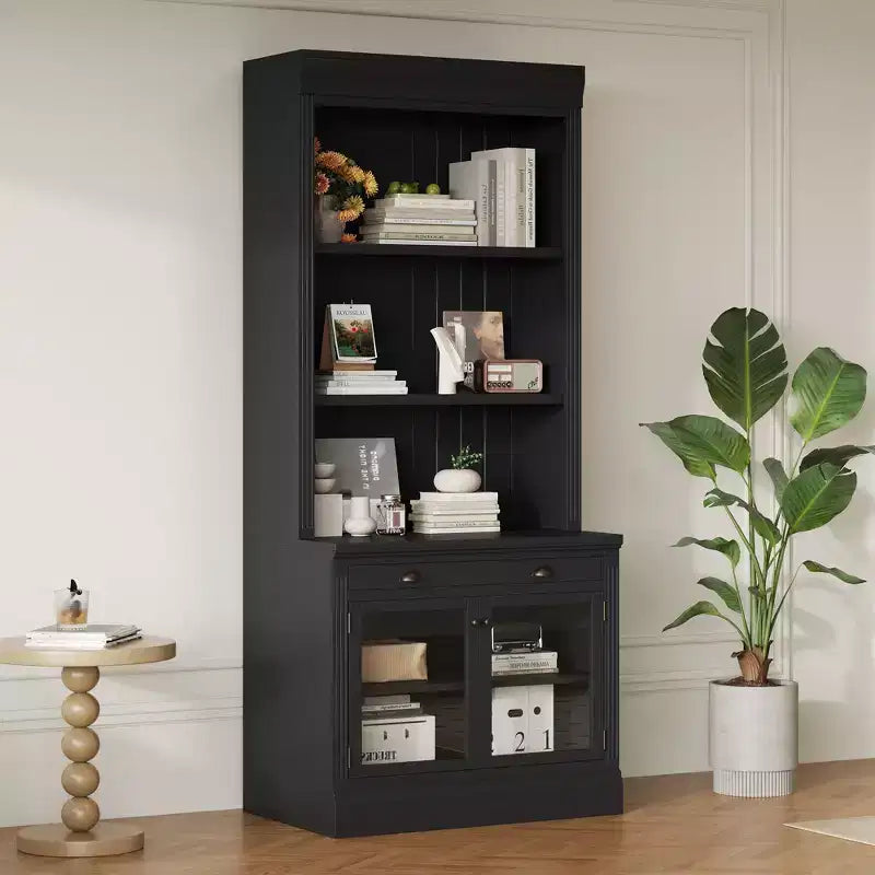 83.4Tall Bookshelf Storage Bookcase with Open Shelves 2 Glass Doors & 1 Drawer for Living Room Bedroom Office - ModernLuxe