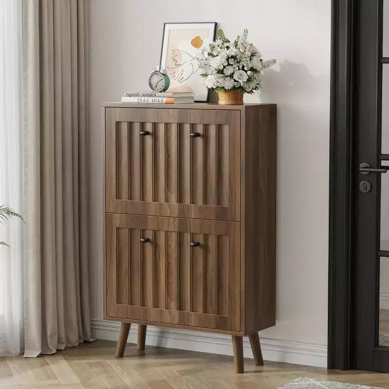 Modern Entryway Shoe Cabinet with Doors Walnut Shoe Storage Cabinet Small Shoe Racks for Hallway Closet & Small Spaces-Panipeachy