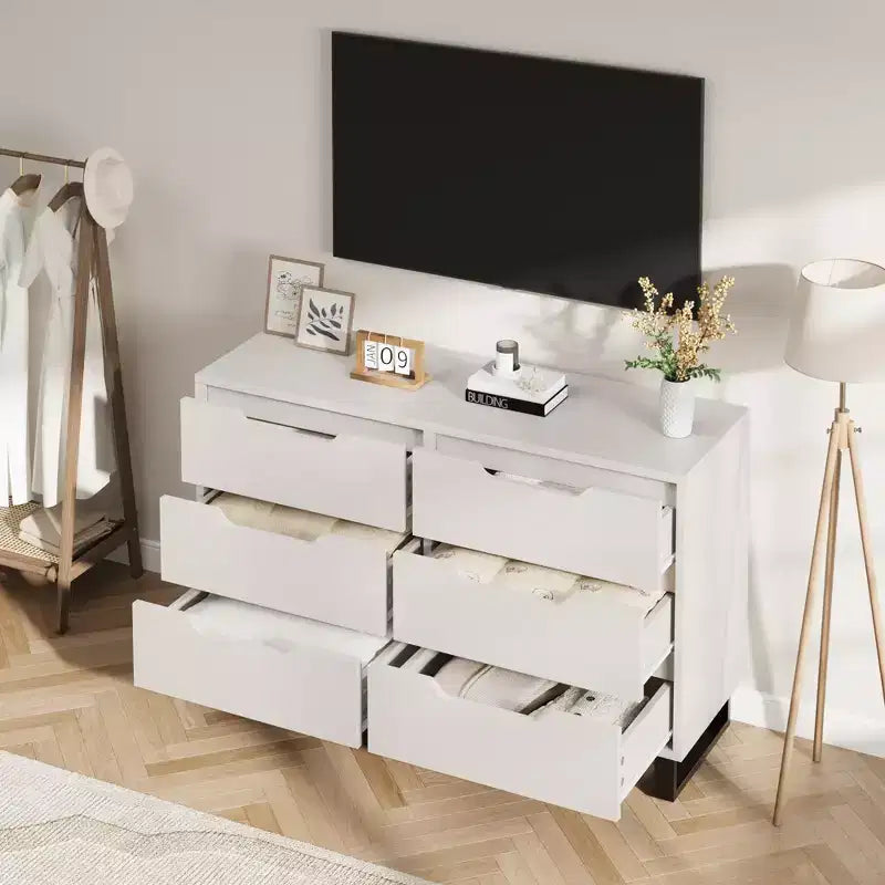 COZONY 6 Drawer Dresser 47.2 Wide Wooden Storage Cabinet Freestanding Chest with Large Storage for Bedroom Living Room Hallway White