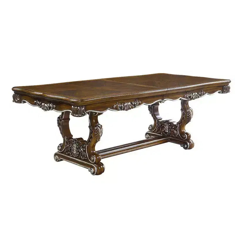 114" Latisha Dining Table Antique Oak Finish - Acme Furniture: Silver Trim Floral Leg Detail Resin Base