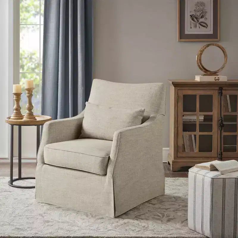 Martha Stewart London Skirted Swivel Chair Textured Beige: Farmhouse Style Polyester Upholstery Wood Frame