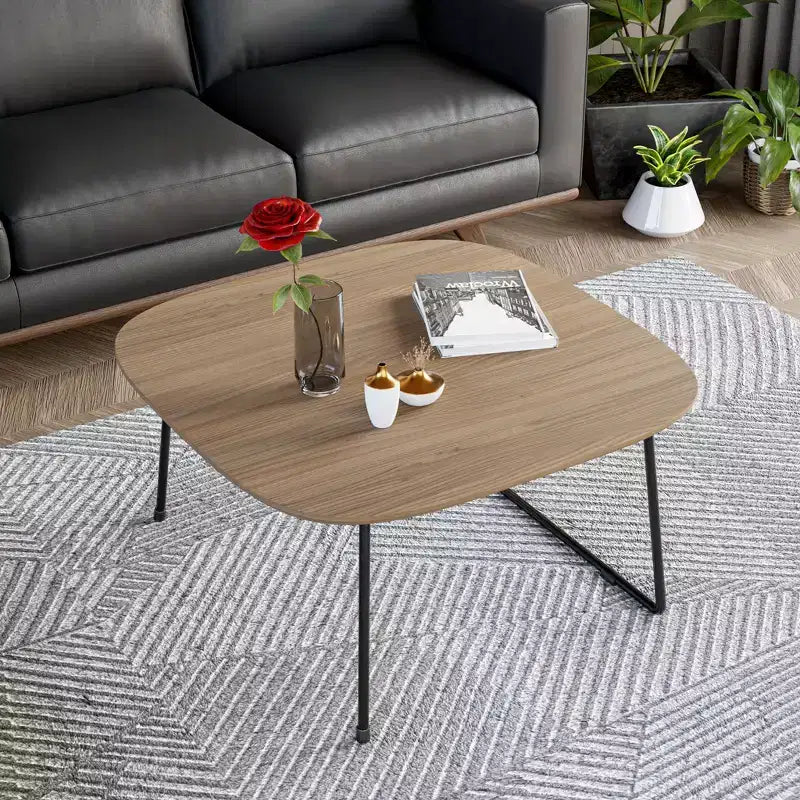 LeisureMod Pembroke Mid-Century Modern Square Coffee Table with Wood Top and Powder-Coated Iron Frame Natural Wood