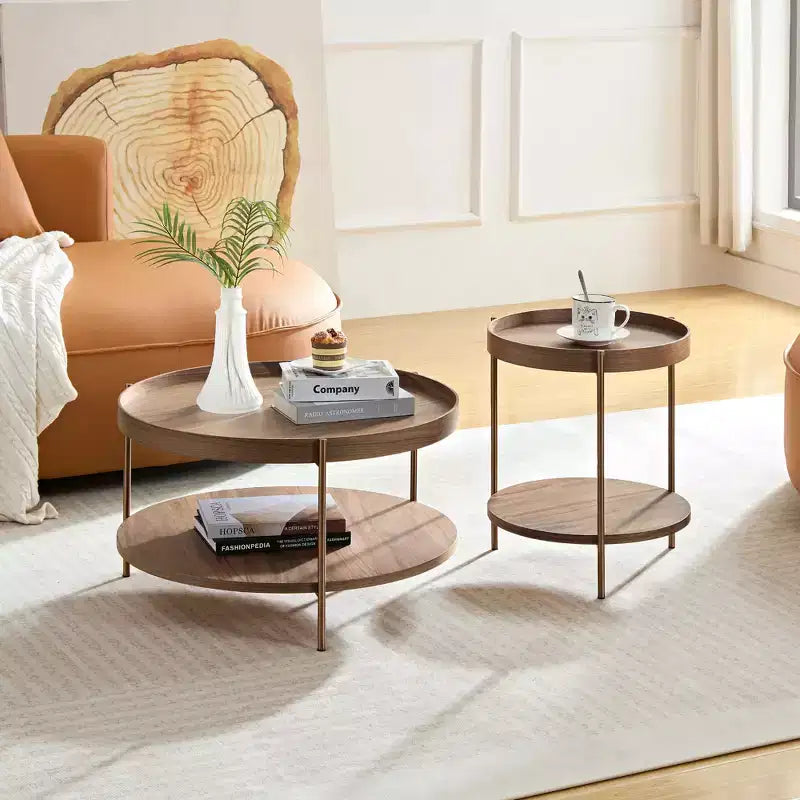 2-Piece Modern 2 Tier Round Coffee Table Set Elgant Wooden End Tables for Living Room Bedroom Office and Balcony Yard 4Q - ModernLuxe