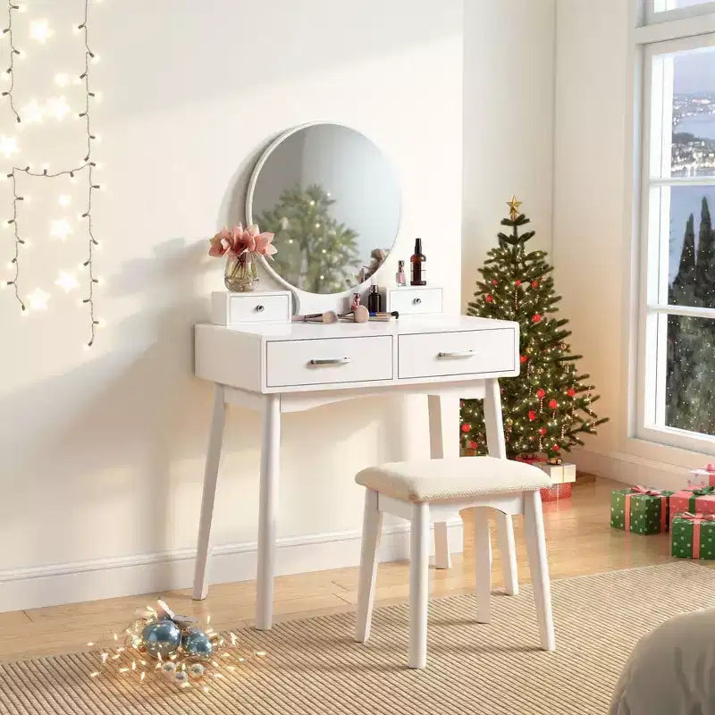 Liannon Contemporary Wood Vanity and Stool Set White